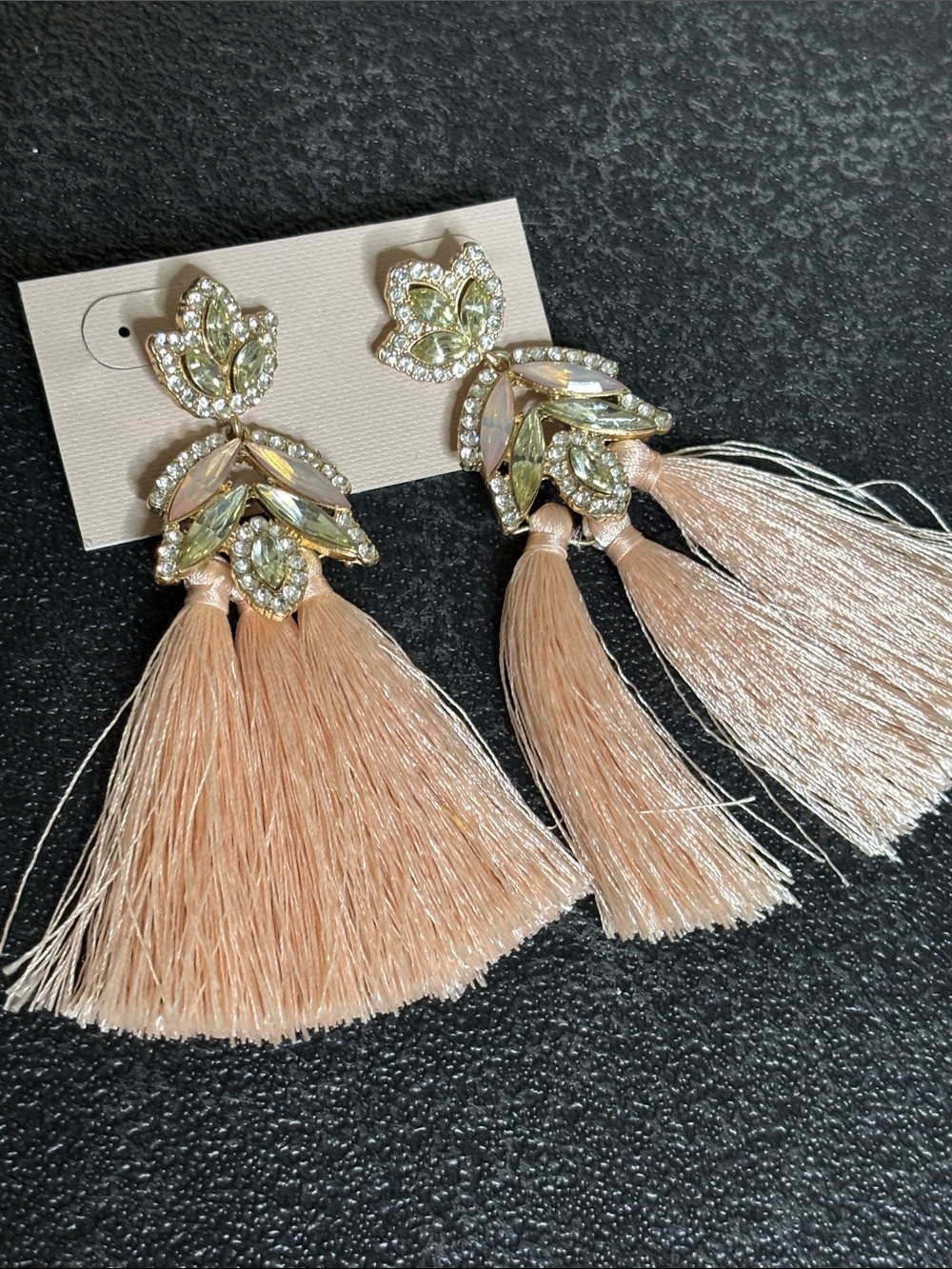 Elegant Rhinestone Leaf Tassel Statement Earrings - Blush Pink